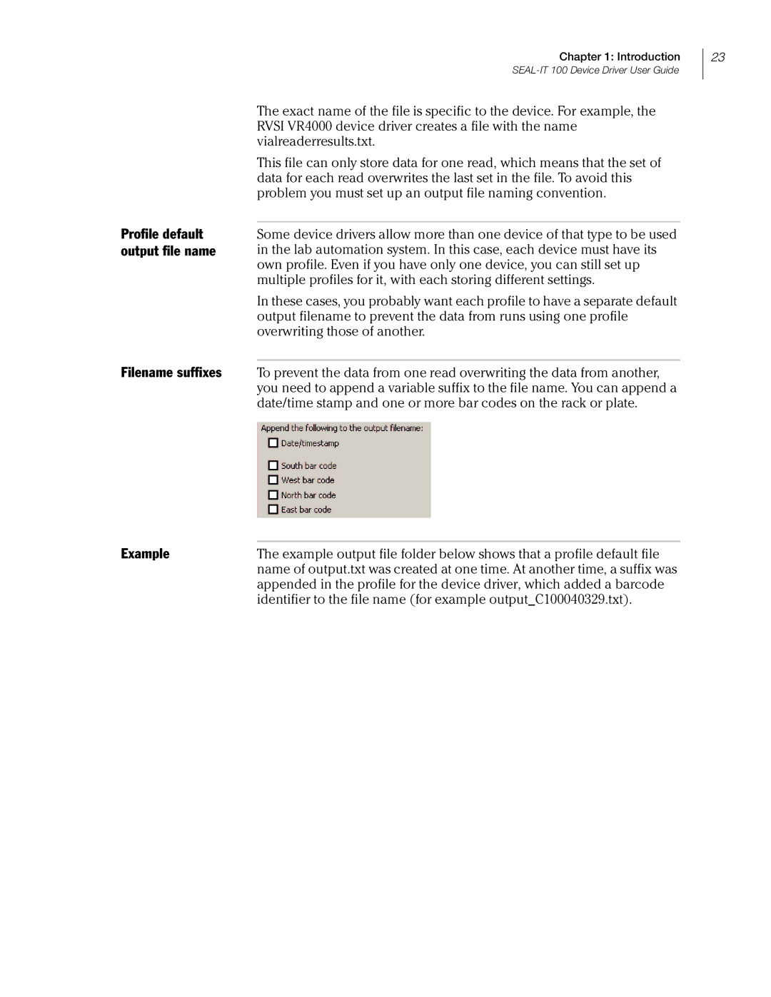 Velocity Micro SEAL-IT 100 manual Profile default output file name Filename suffixes, Example 