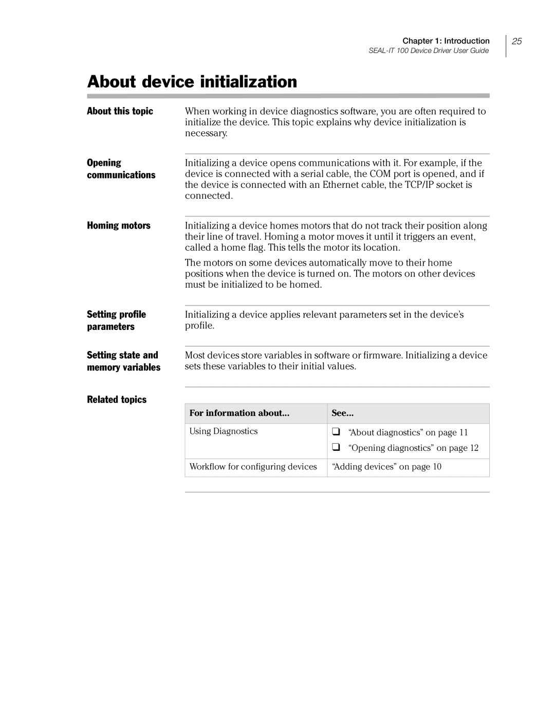 Velocity Micro SEAL-IT 100 manual About device initialization, Homing motors Setting profile parameters 