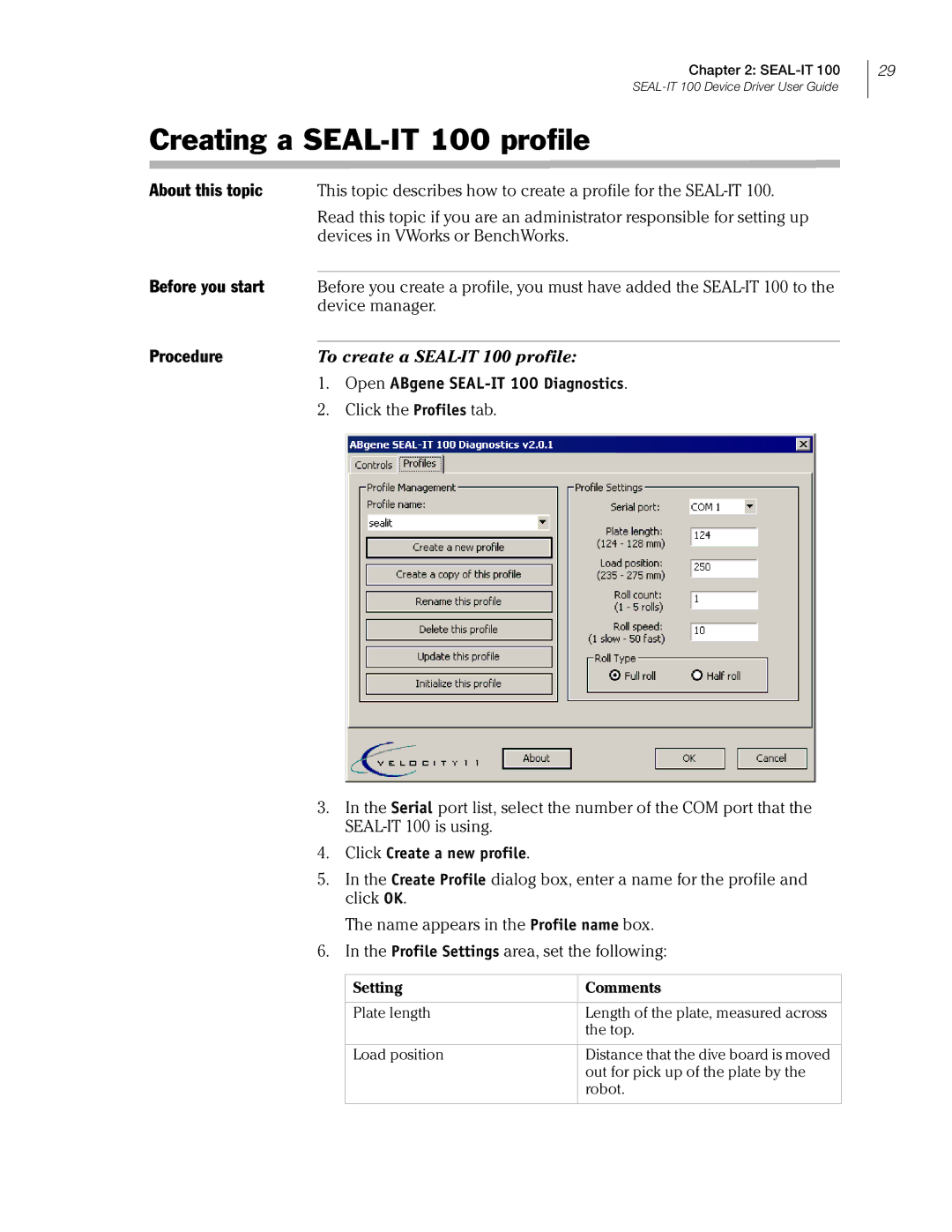 Velocity Micro manual Creating a SEAL-IT 100 profile, Before you start, To create a SEAL-IT 100 profile 