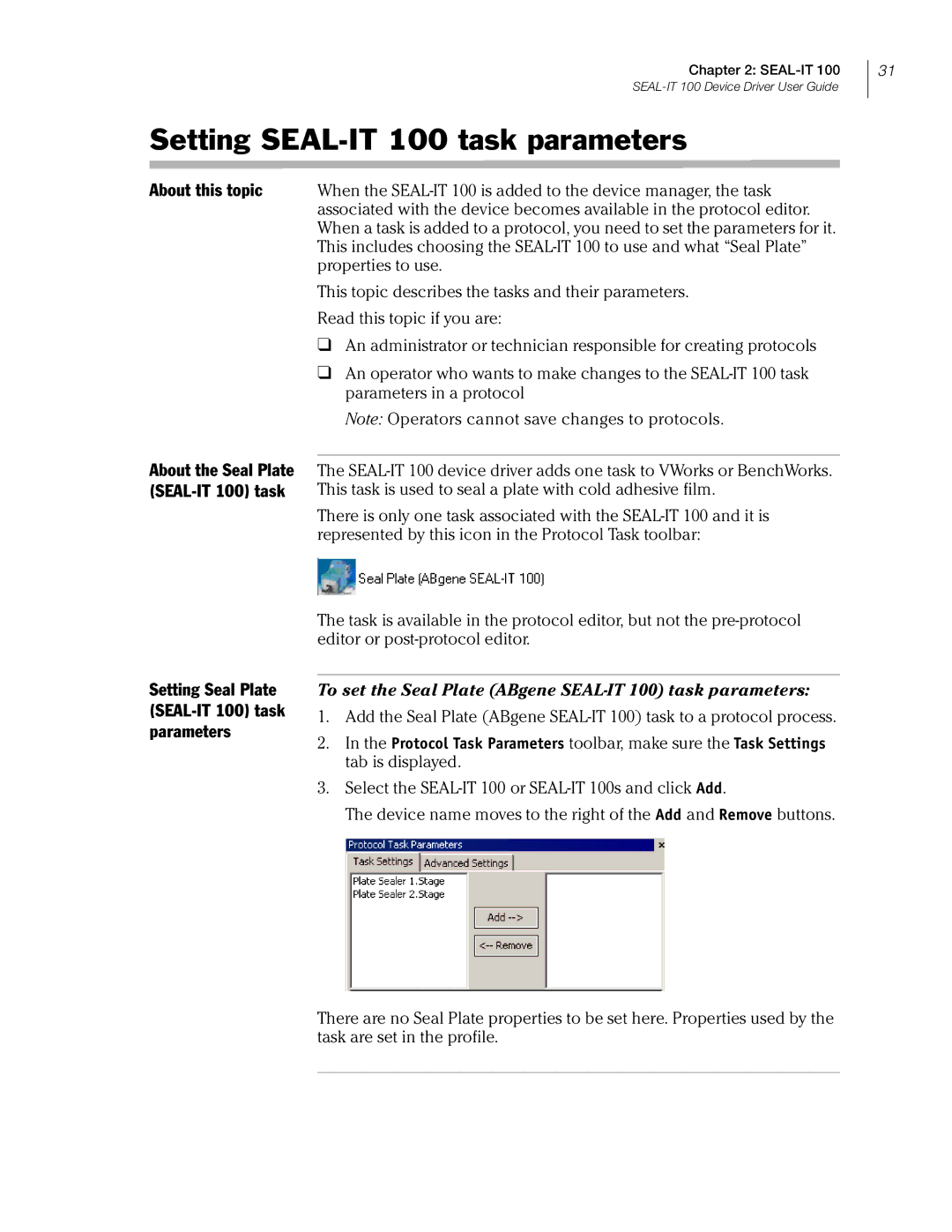 Velocity Micro manual Setting SEAL-IT 100 task parameters, Setting Seal Plate SEAL-IT 100 task parameters 