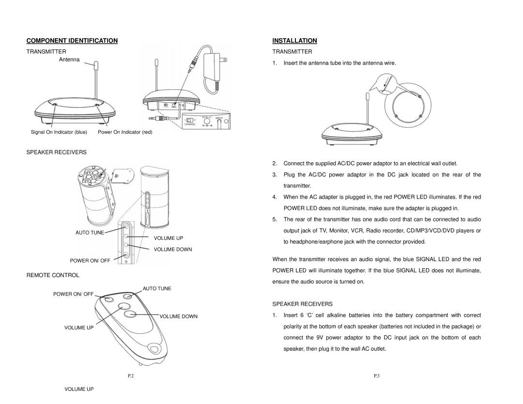 Velocity Micro SPK-VELO-001 Component Identification, Installation, Transmitter, Speaker Receivers, Remote Control 