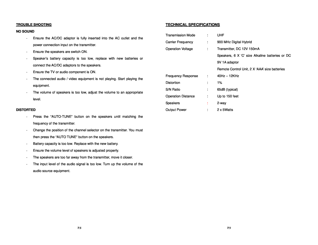 Velocity Micro SPK-VELO-001 user manual Technical Specifications, Trouble Shooting, No Sound, Distorted 