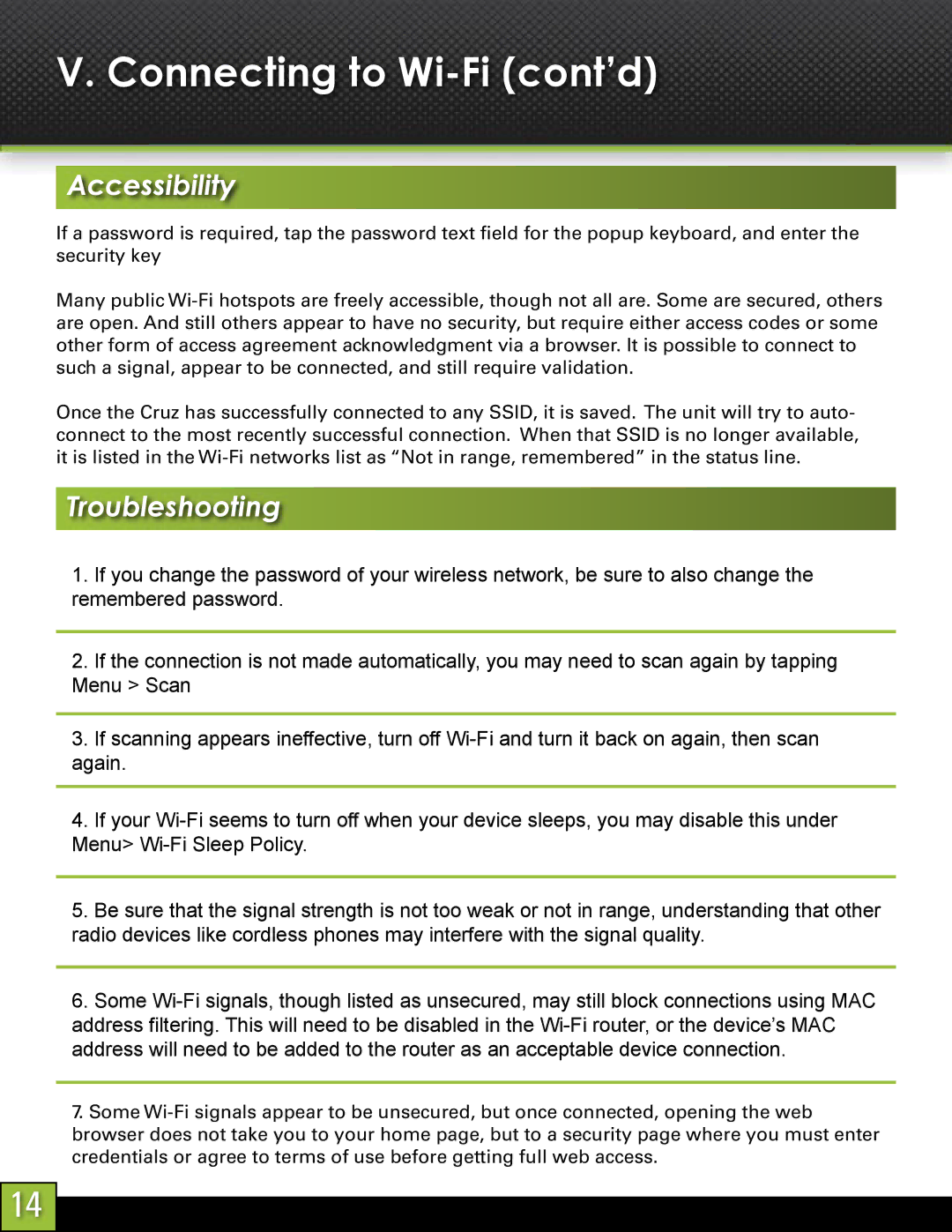 Velocity Micro T103 manual Connecting to Wi-Fi cont’d, Accessibility, Troubleshooting 