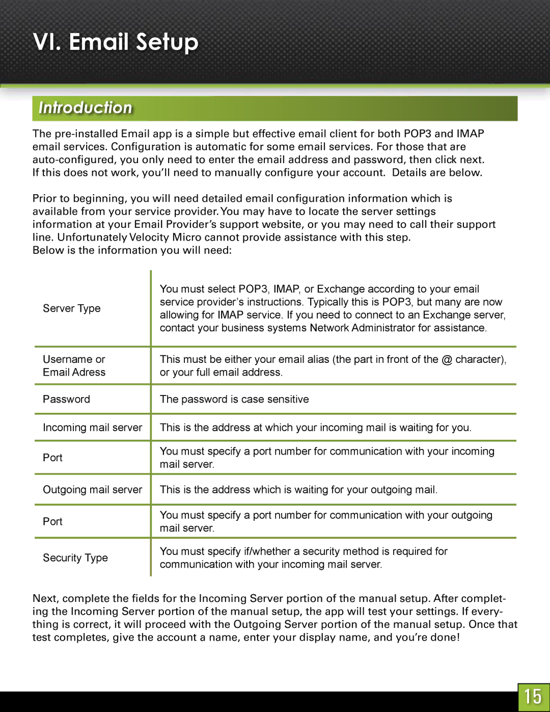 Velocity Micro T103 manual VI. Email Setup 