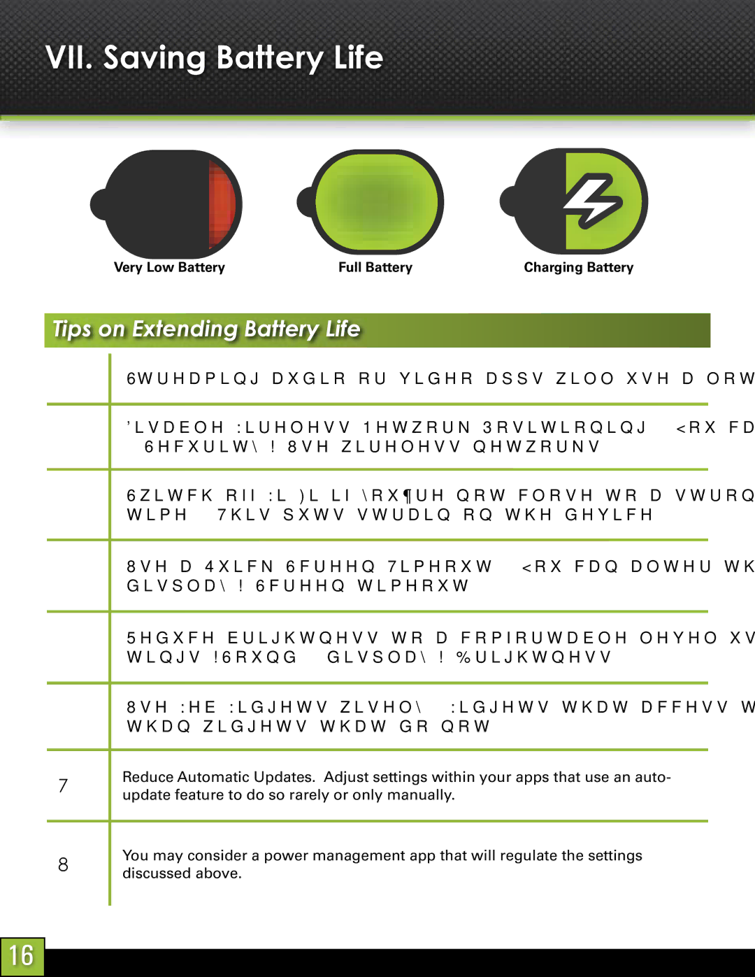 Velocity Micro T103 manual VII. Saving Battery Life, Tips on Extending Battery Life 