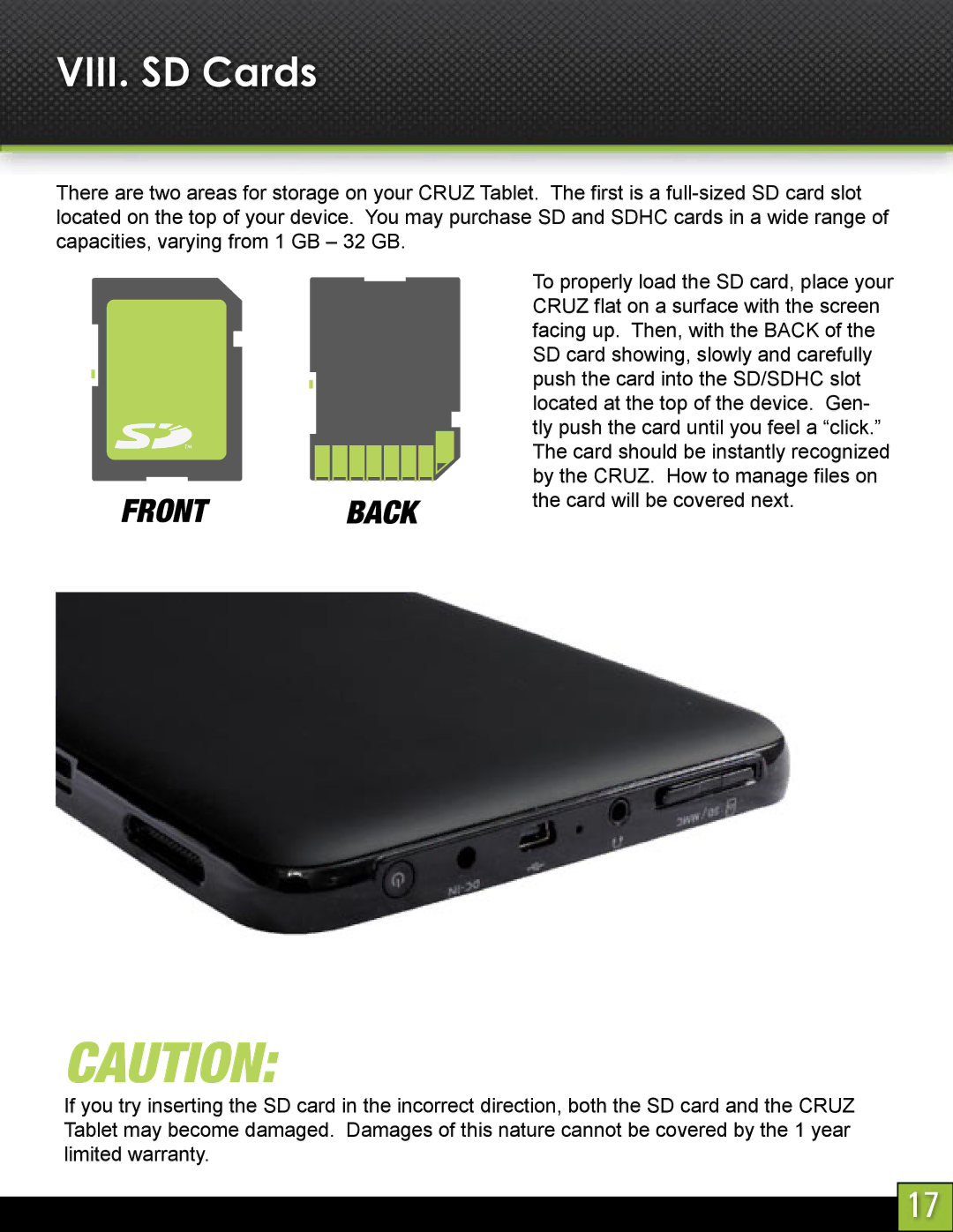 Velocity Micro T103 manual VIII. SD Cards, Front Back 