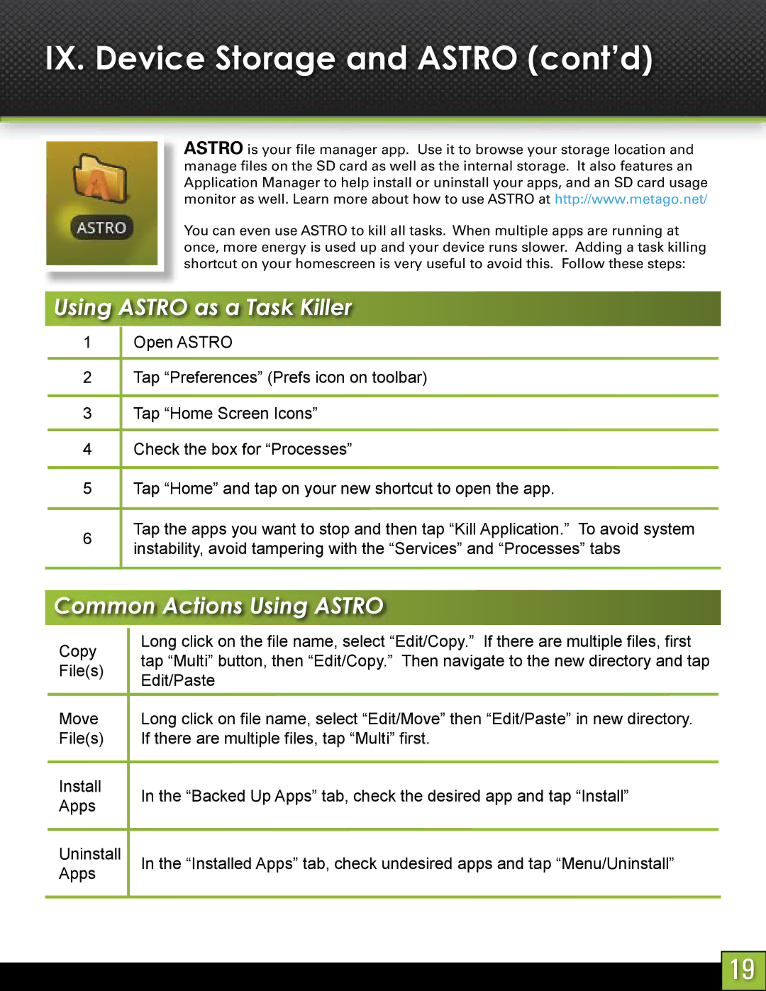 Velocity Micro T103 manual IX. Device Storage and Astro cont’d, Using Astro as a Task Killer, Common Actions Using Astro 