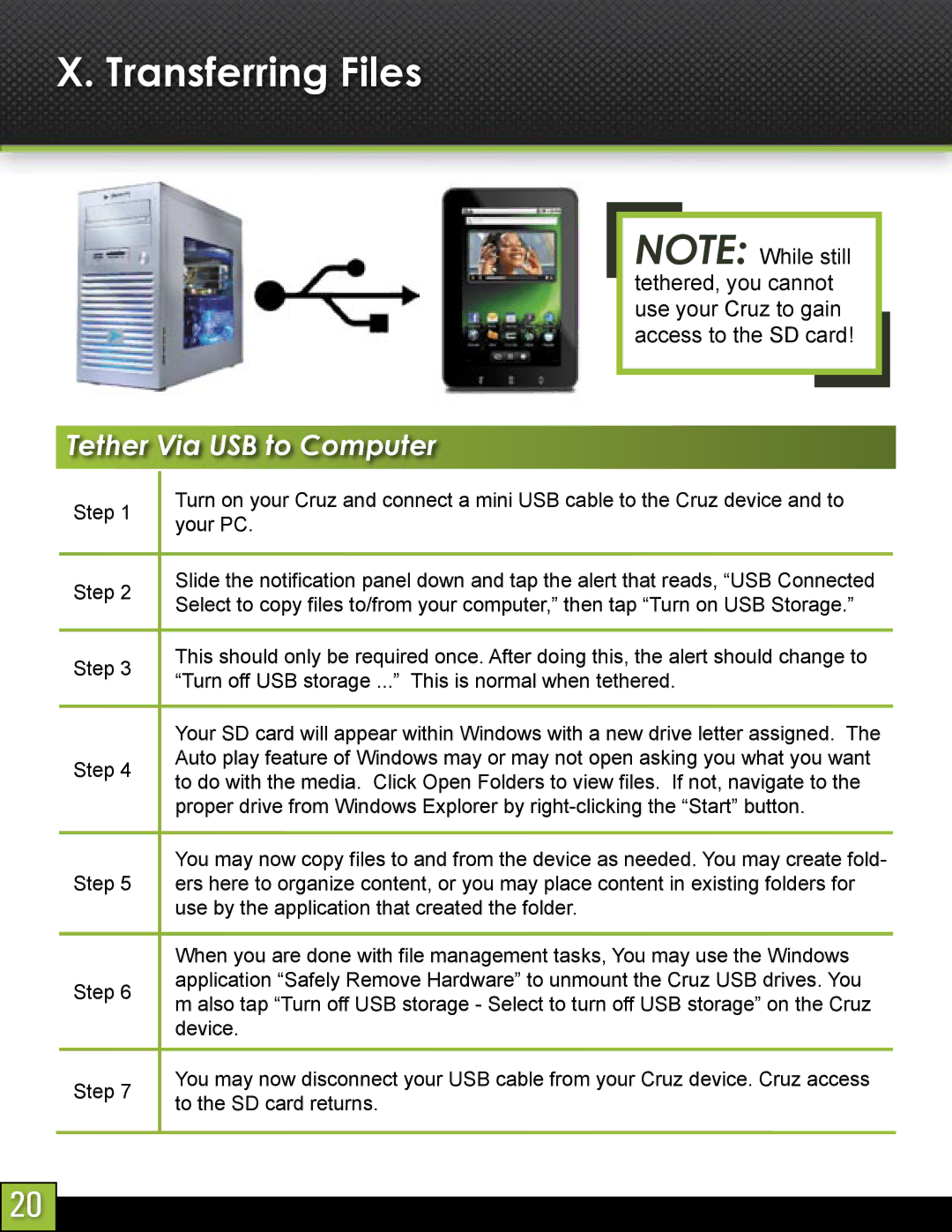 Velocity Micro T103 manual Transferring Files, Tether Via USB to Computer 