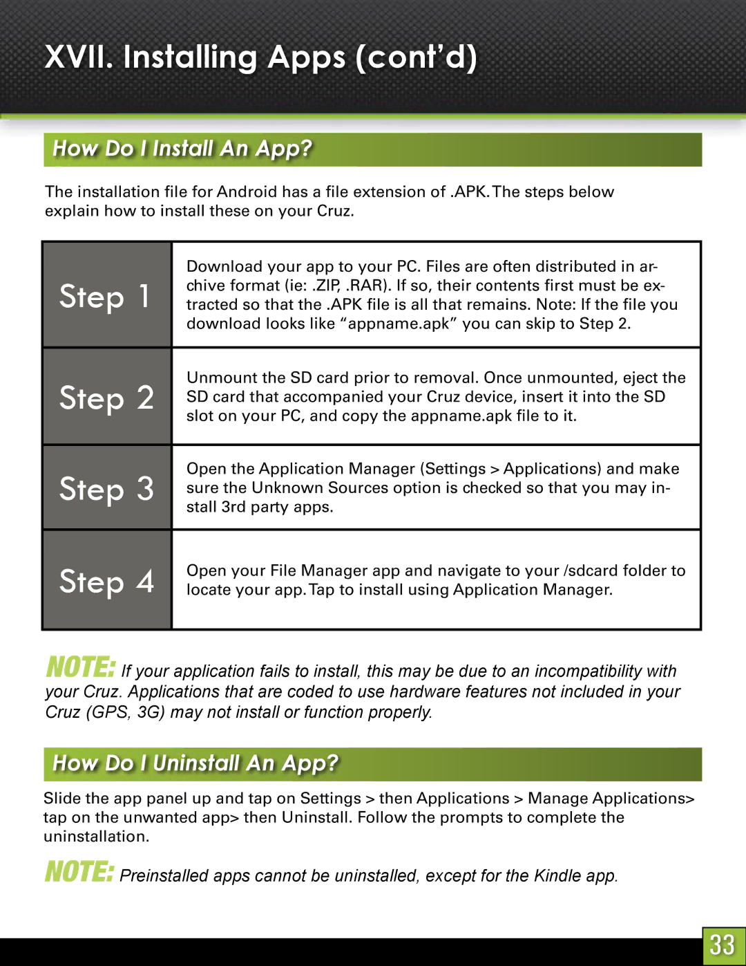 Velocity Micro T103 manual XVII. Installing Apps cont’d, How Do I Install An App?, How Do I Uninstall An App? 