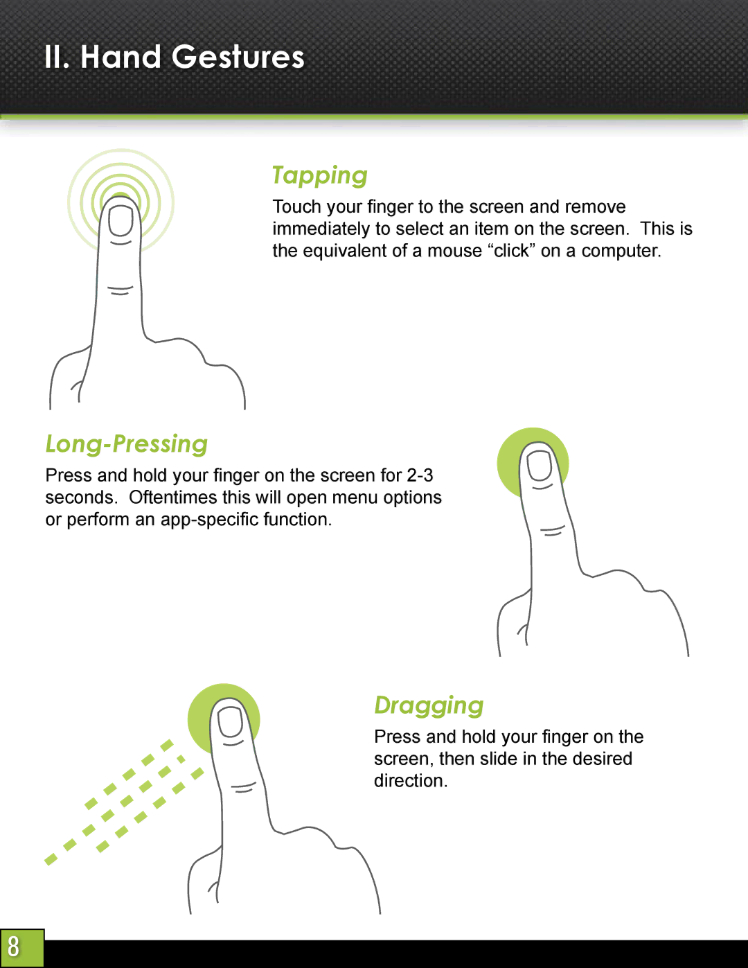 Velocity Micro T103 manual II. Hand Gestures, Tapping 