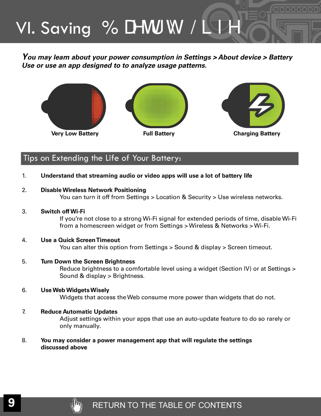 Velocity Micro T301 manual VI. Saving Battery Life, Tips on Extending the Life of Your Battery 