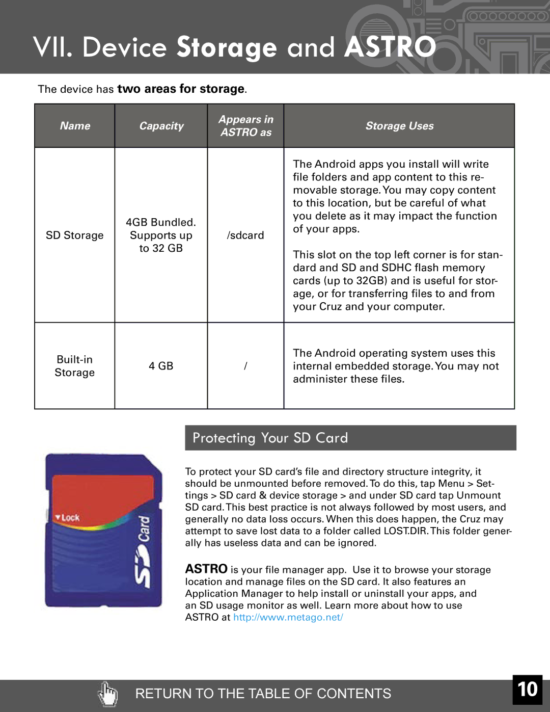 Velocity Micro T301 manual VII. Device Storage and Astro, Protecting Your SD Card 