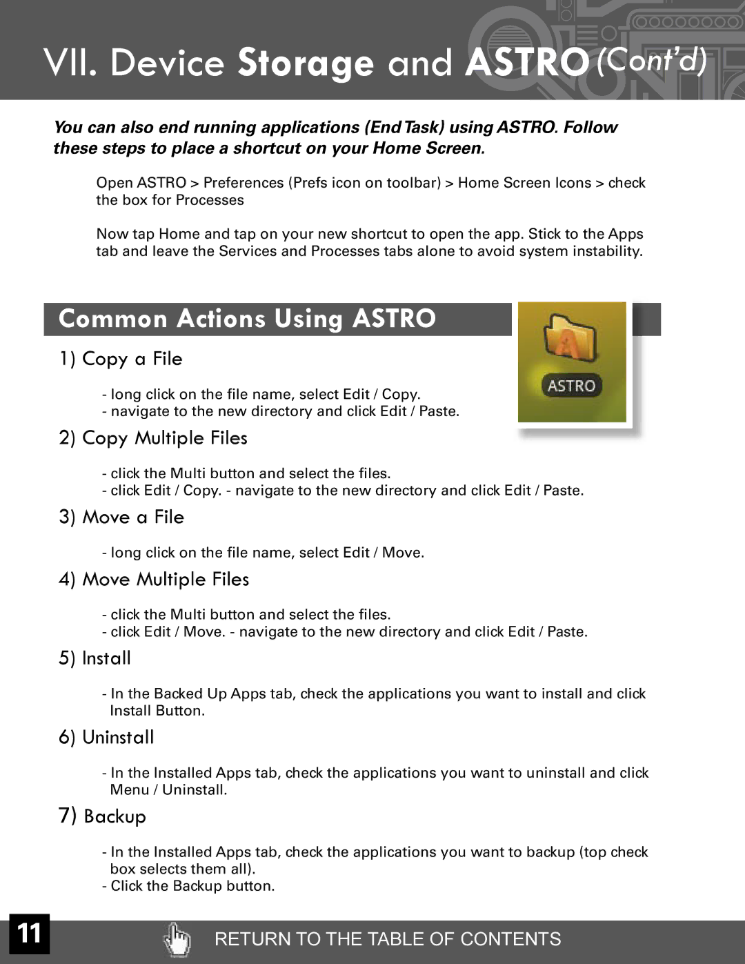 Velocity Micro T301 manual VII. Device Storage and ASTROCont’d, Common Actions Using Astro 