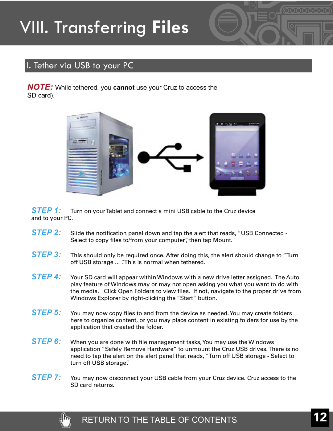 Velocity Micro T301 manual VIII. Transferring Files, Tether via USB to your PC 