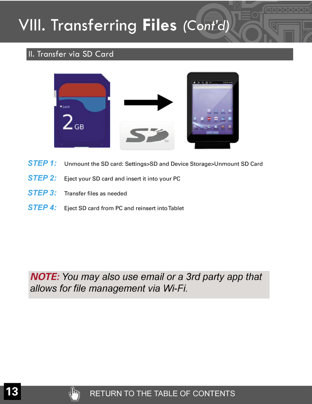 Velocity Micro T301 manual VIII. Transferring Files Cont’d, II. Transfer via SD Card 