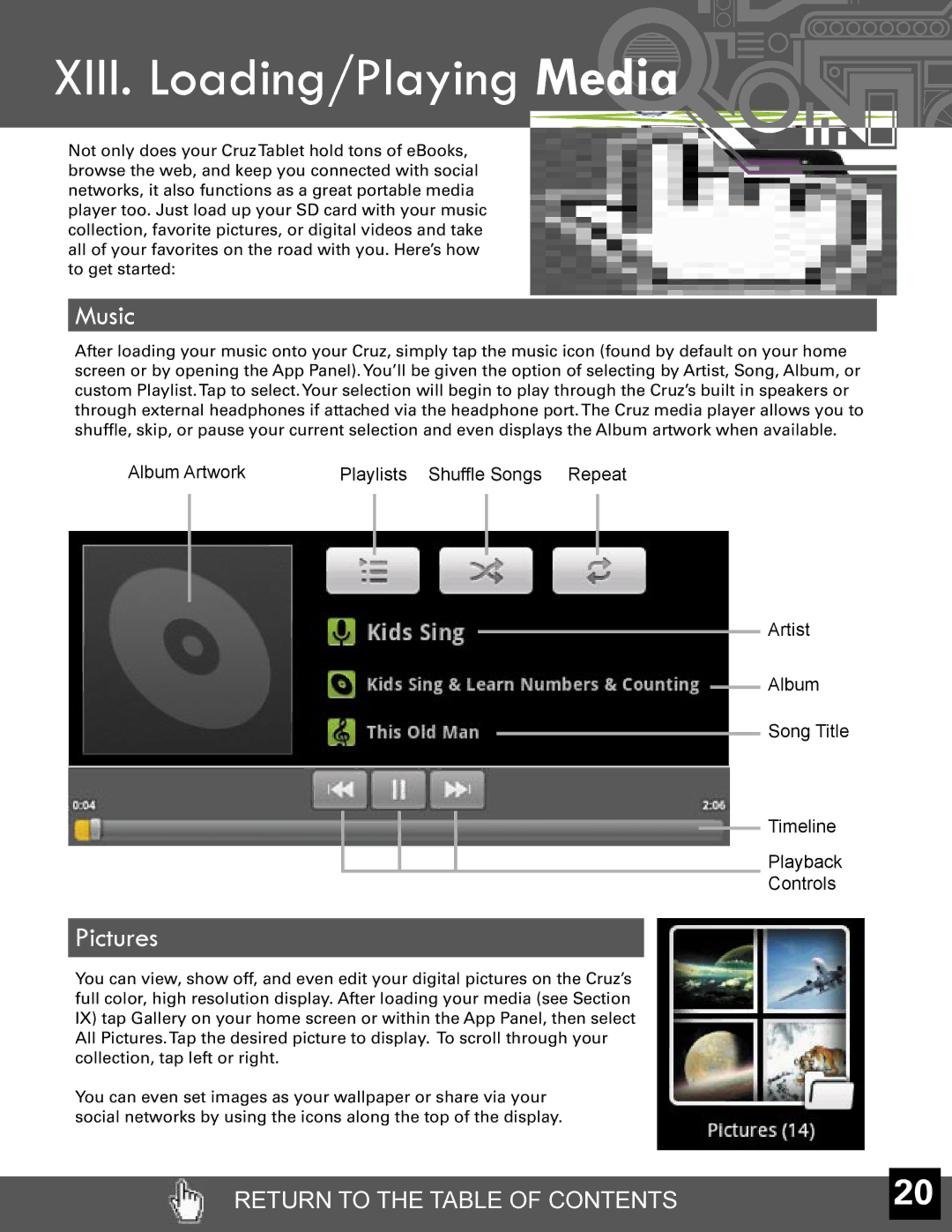 Velocity Micro T301 manual XIII. Loading/Playing, Media, Music, Pictures 