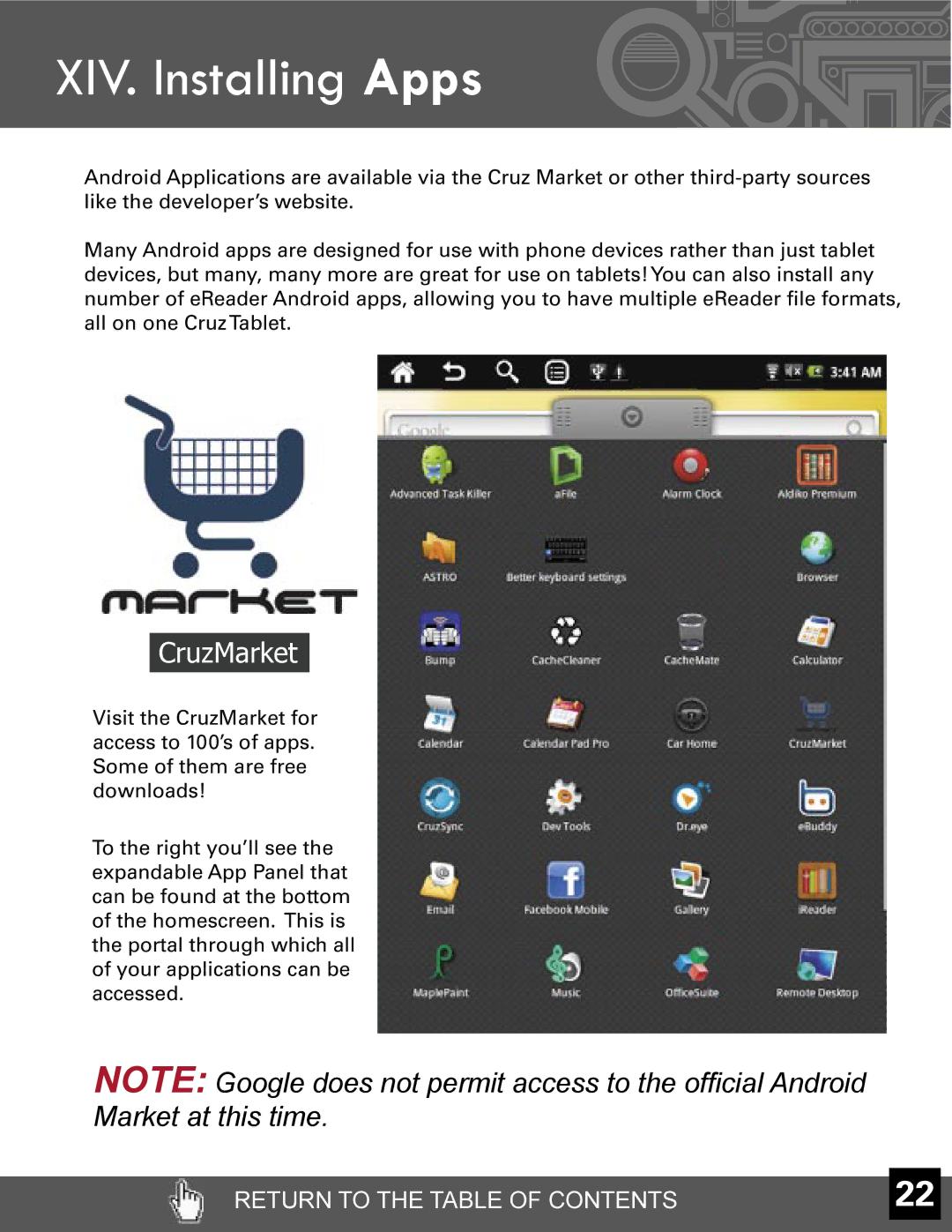 Velocity Micro T301 manual XIV. Installing Apps, CruzMarket 