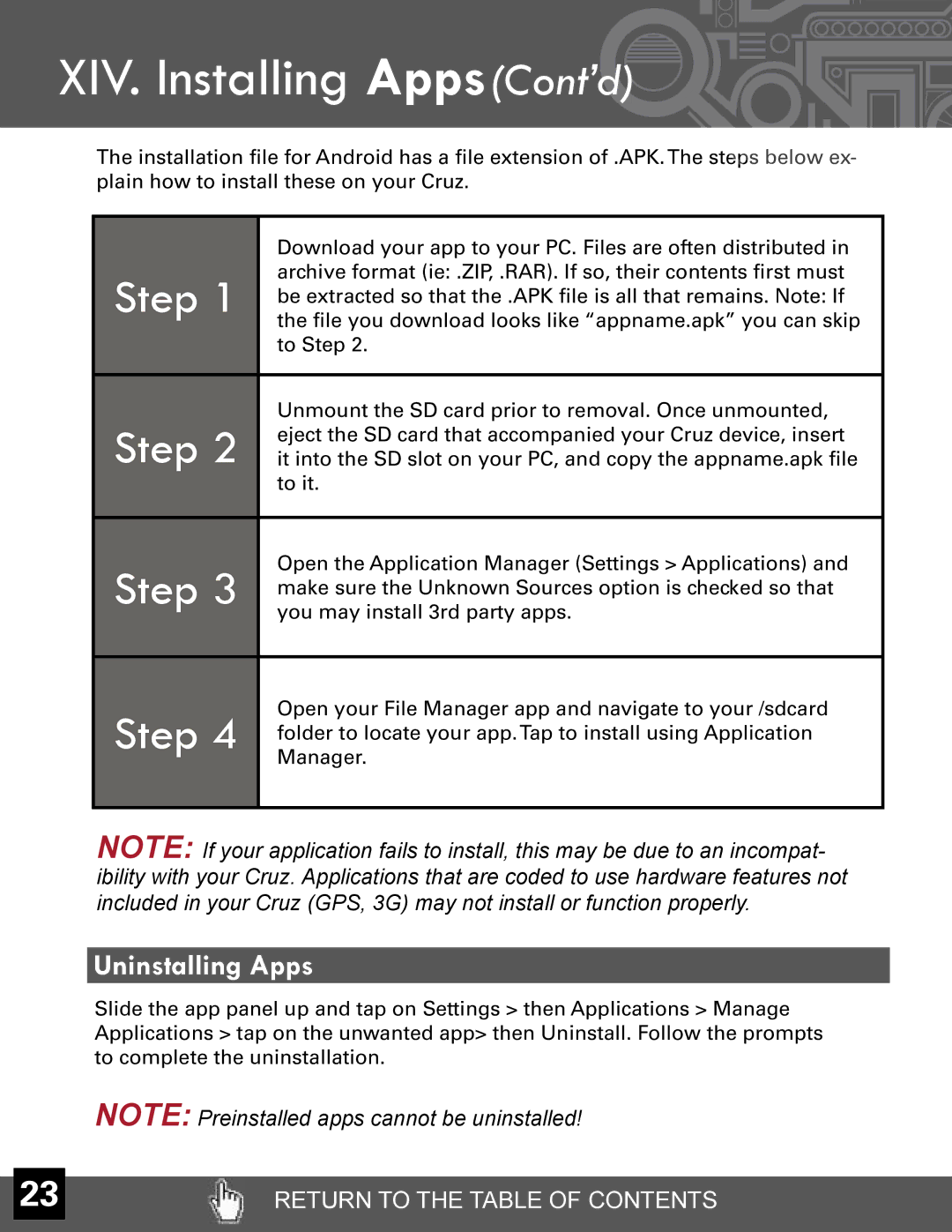 Velocity Micro T301 manual XIV. Installing AppsCont’d, Step 