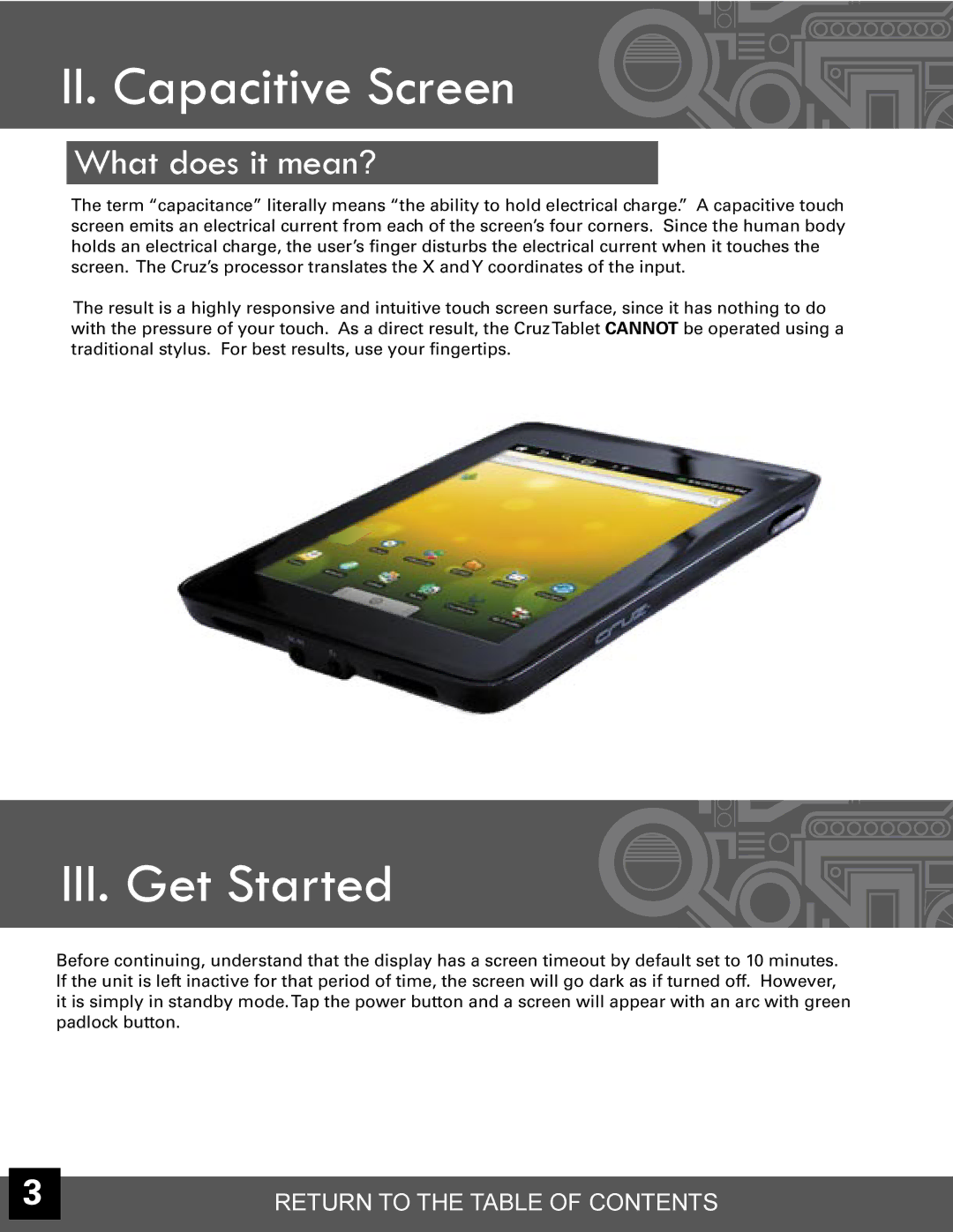 Velocity Micro T301 manual II. Capacitive Screen, III. Get Started 