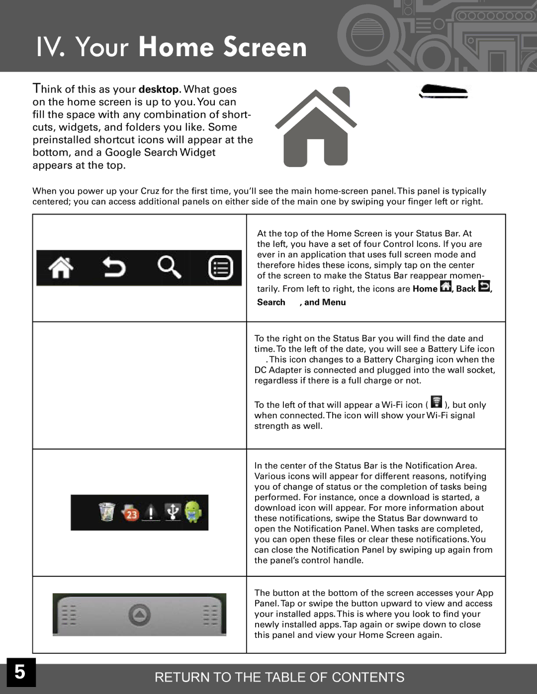 Velocity Micro T301 manual IV. Your Home Screen, Search , and Menu 