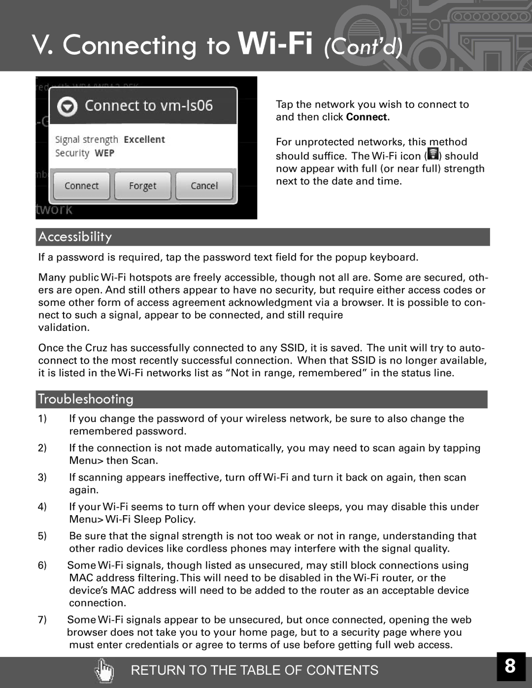 Velocity Micro T301 manual Connecting to Wi-FiCont’d, Accessibility, Troubleshooting 