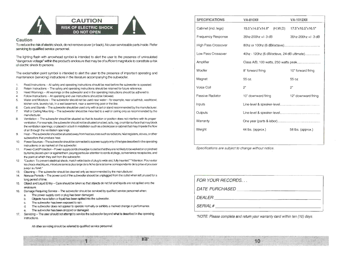 Velodyne Acoustics 1012XII, 810 owner manual IIiiiiII a 