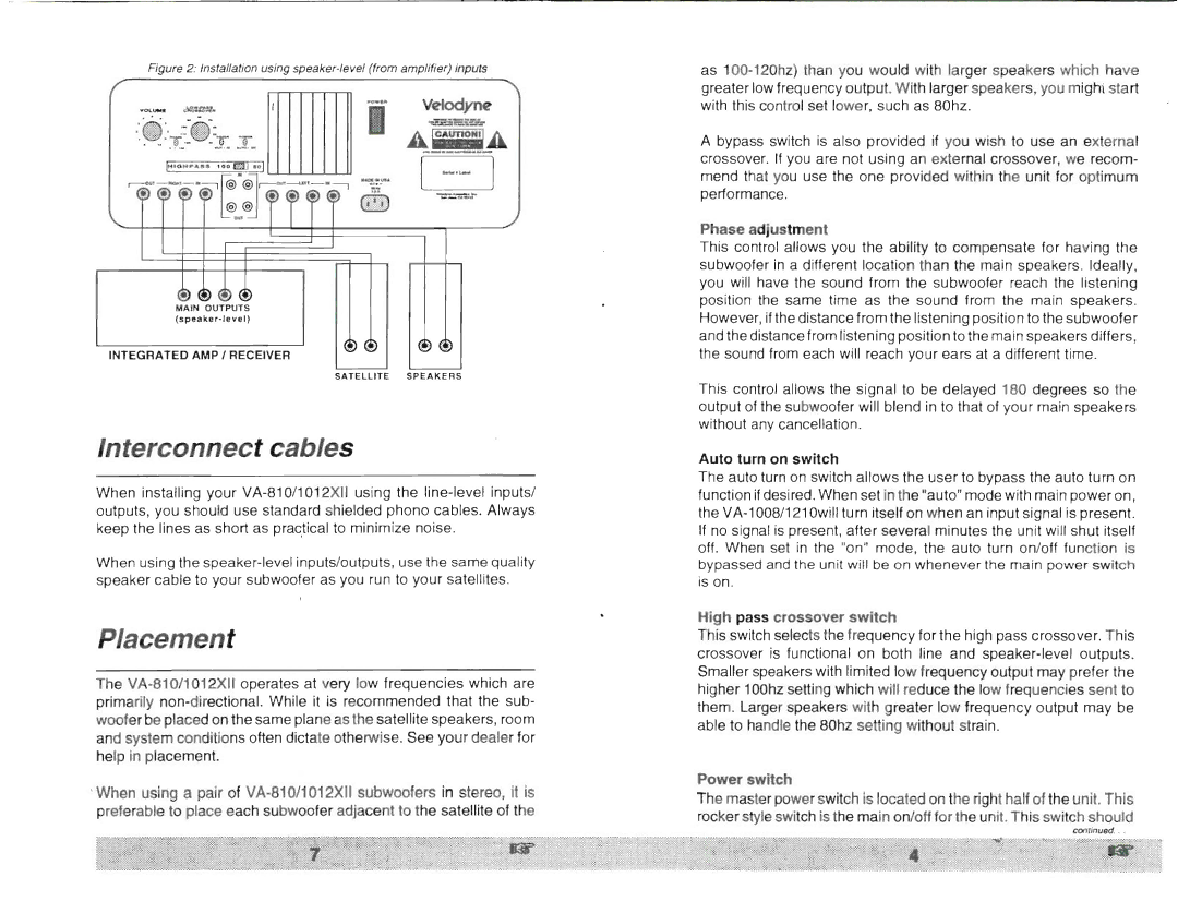 Velodyne Acoustics 810, 1012XII owner manual Interconnect cables, Acement 