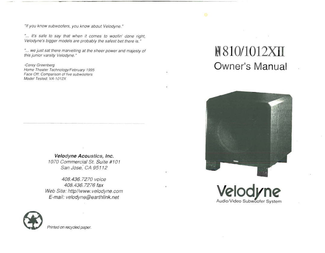 Velodyne Acoustics owner manual Velod ne, ~810/1012XII, Commercial St. Suite #101 San Jose, CA, voice 408.436.7276 fax 