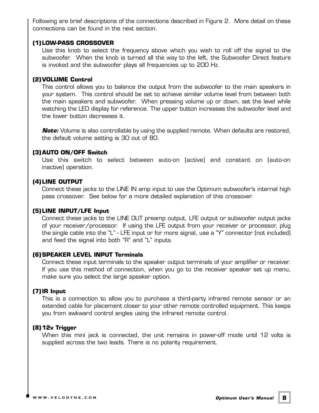 Velodyne Acoustics 8, 12, 10 user manual 1LOW-PASS Crossover 