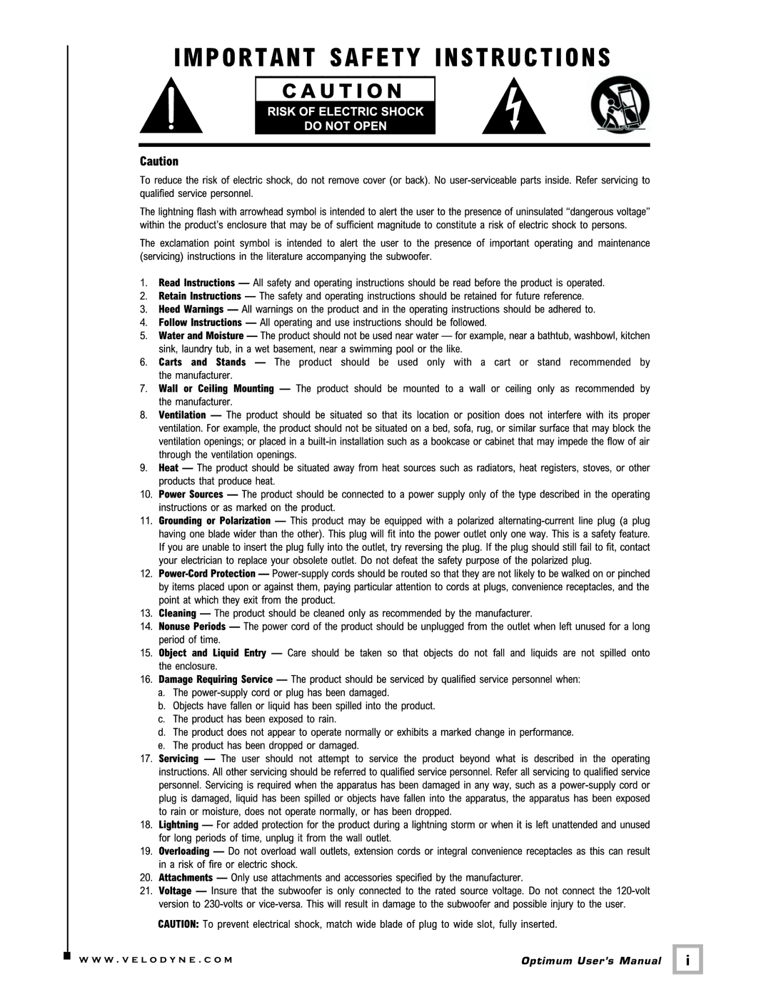 Velodyne Acoustics 8, 12, 10 user manual Optimum User’s Manual 