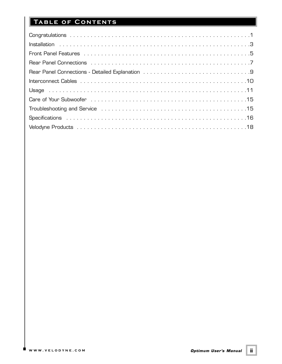 Velodyne Acoustics 12, 10, 8 user manual Table of Contents 