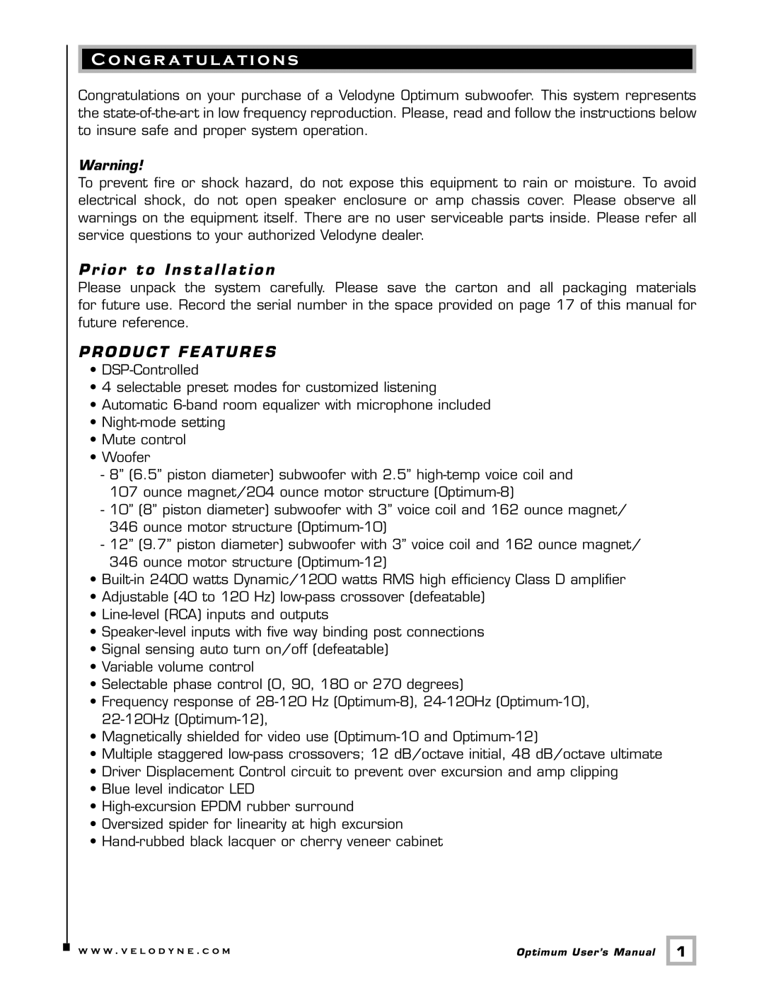 Velodyne Acoustics 10, 12, 8 user manual CongrRestoringatulationsDefaults, Prior to Installation, Product Features 