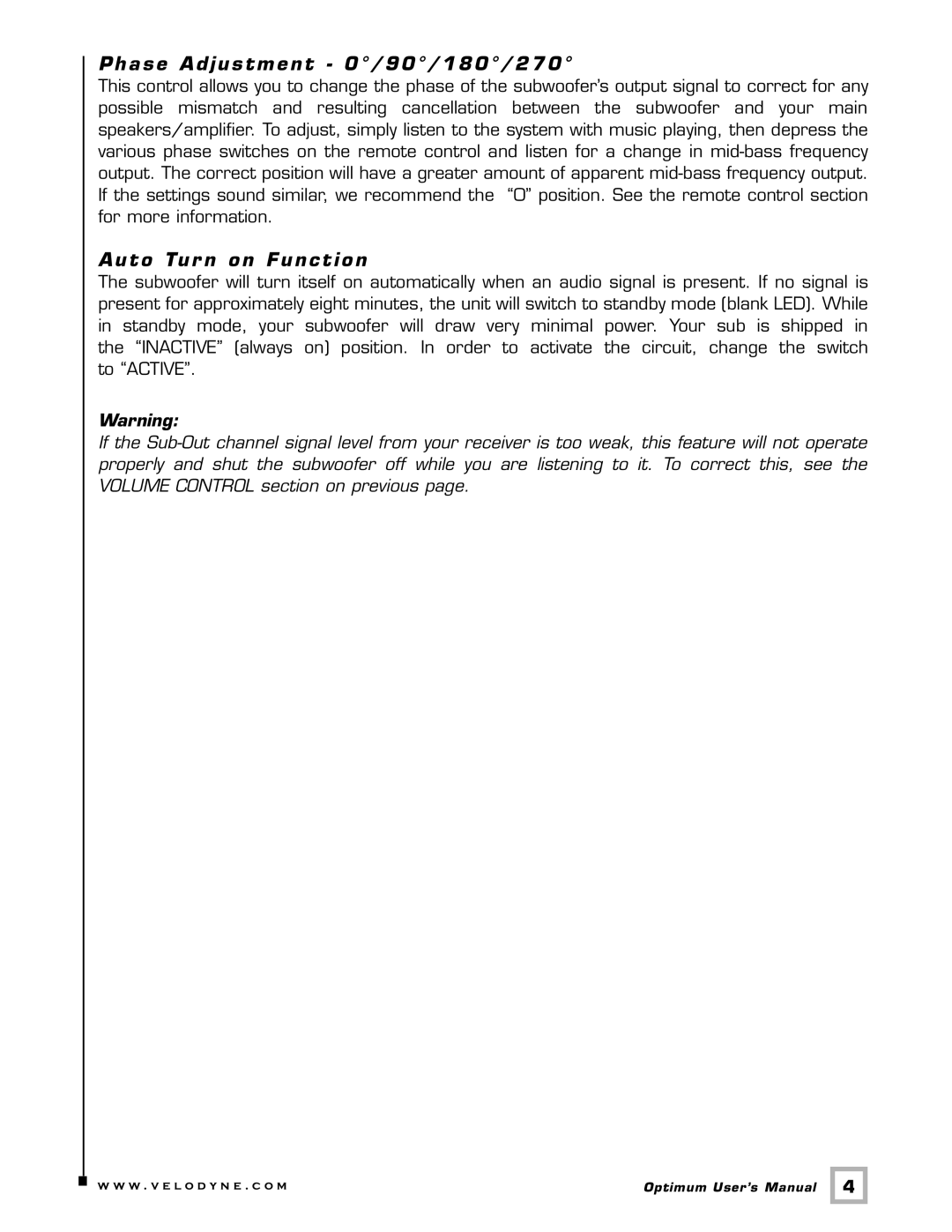 Velodyne Acoustics 10, 12 user manual Phase Adjustment 0/90/180/270, Auto Tur n on Function 