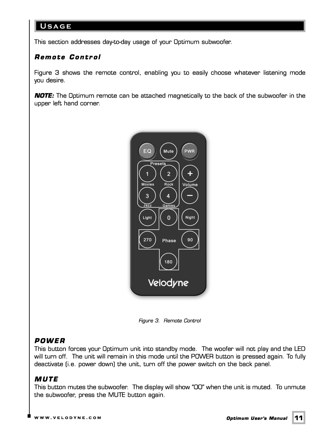 Velodyne Acoustics 8, 12, 10 user manual U s a ge, Remote Contr ol, Power, Mute 