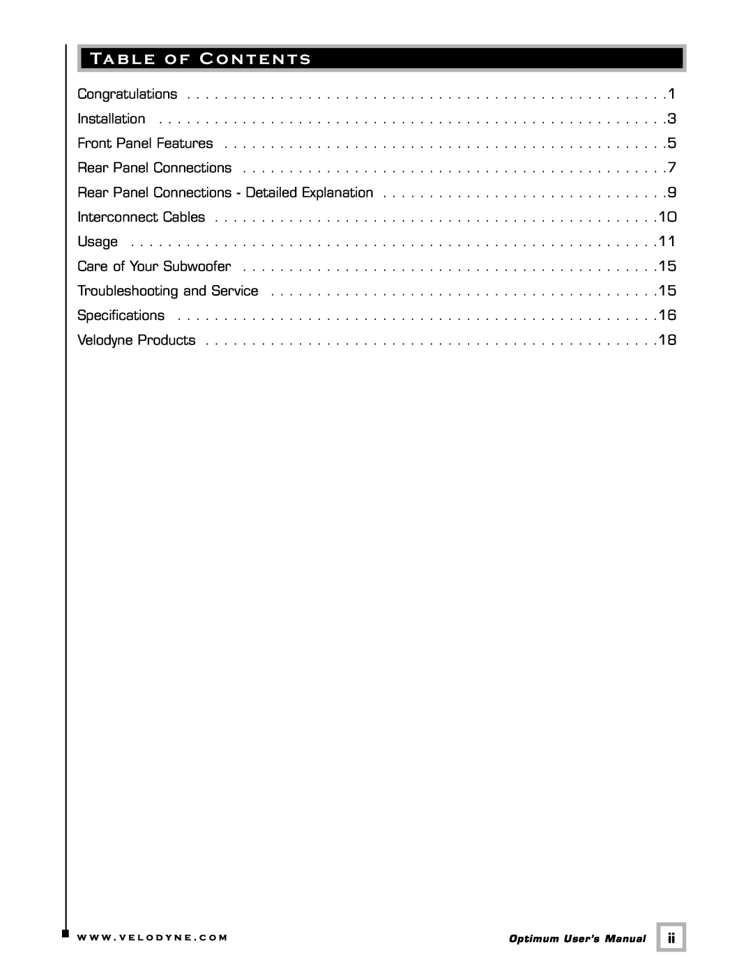 Velodyne Acoustics 12, 10, 8 user manual Table of Contents, w w w . v e l o d y n e . c o m 