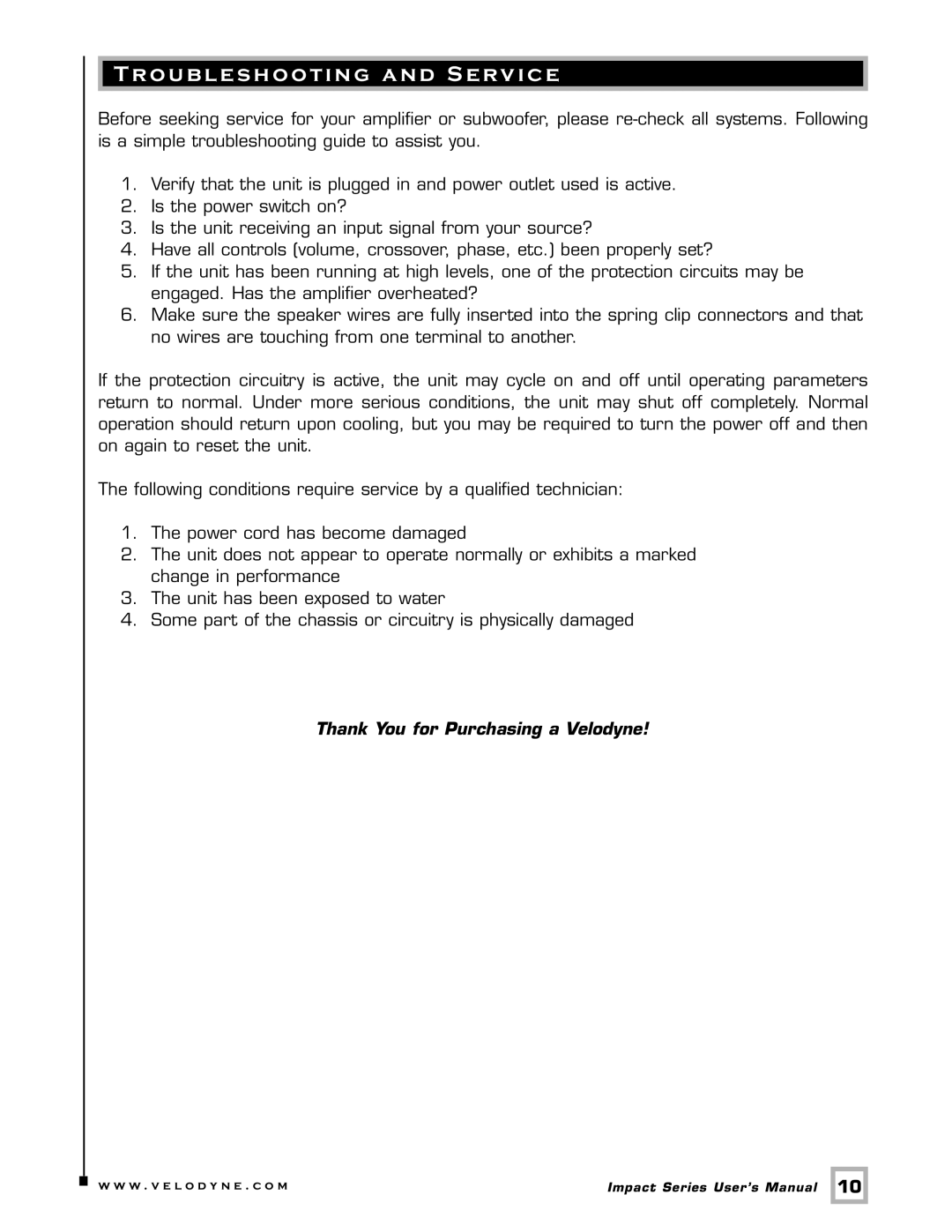 Velodyne Acoustics MINI, 12, 10 user manual Troubleshooting and Service 