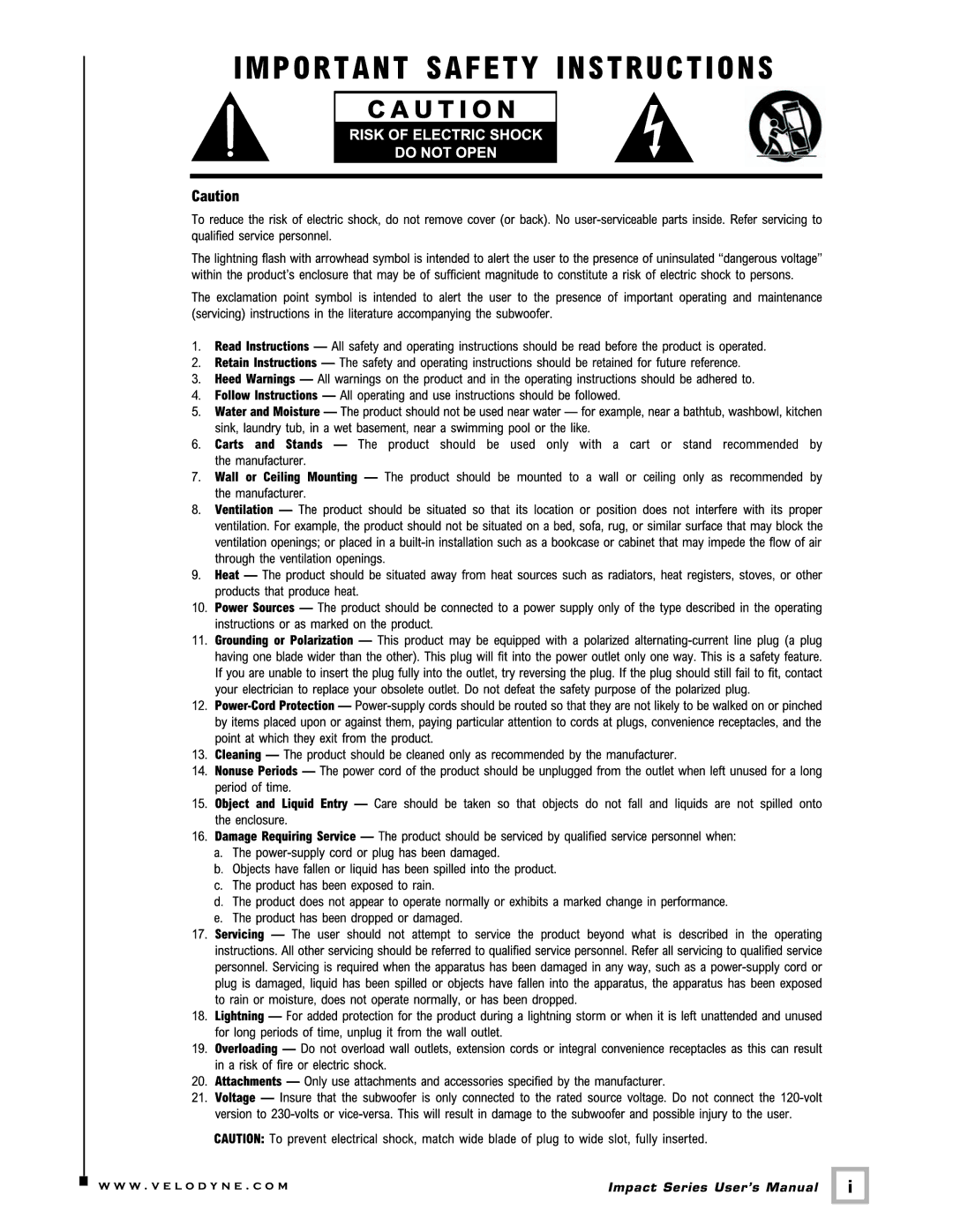 Velodyne Acoustics 10, 12, MINI user manual Impact Series User’s Manual 