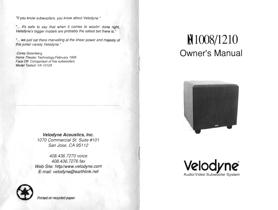 Velodyne Acoustics 1008, 1210 manual 