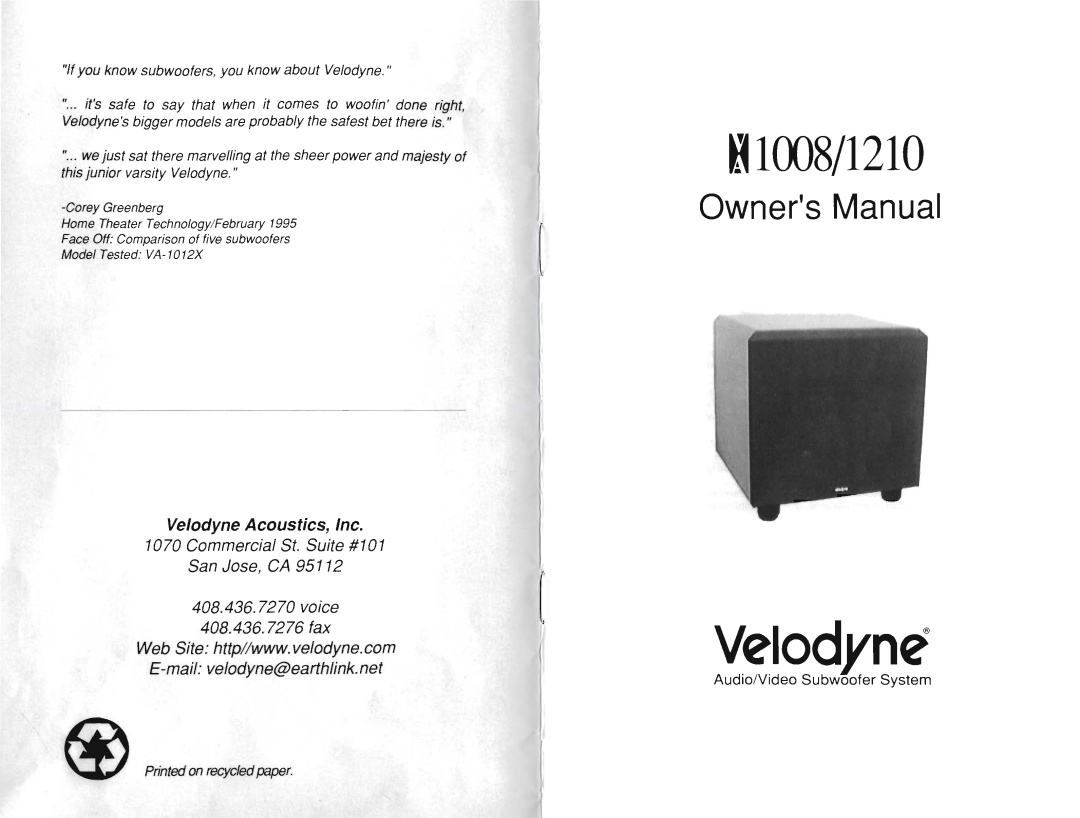 Velodyne Acoustics 1008, 1210 manual 