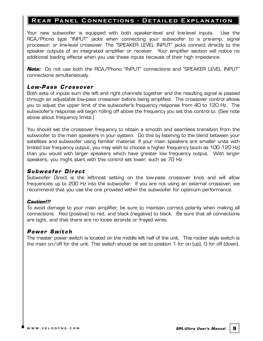 Velodyne Acoustics 800 Rear Panel Connections Detailed Explanation, Low Pass Cr ossover, Subwoofer Dir ect, Power Switch 