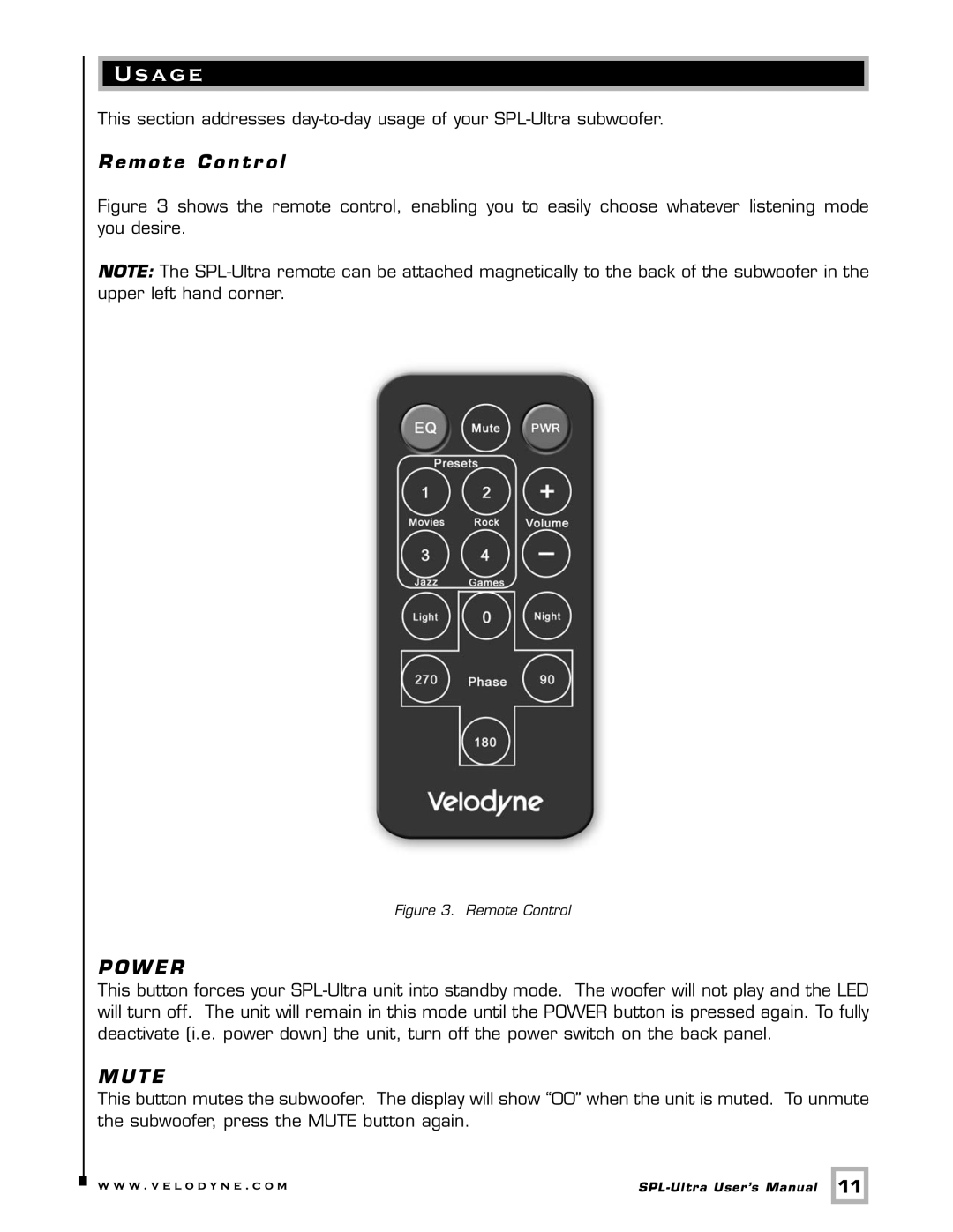 Velodyne Acoustics 1200, 800, 1000 user manual A ge, Remote Contr ol, Power, Mute 