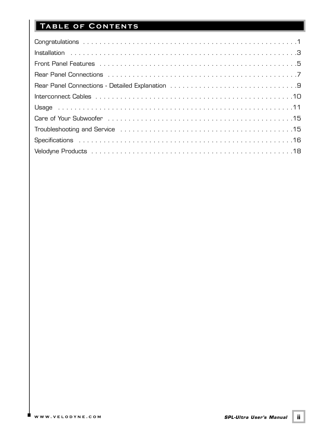 Velodyne Acoustics 800, 1000, 1200 user manual Table of Contents 