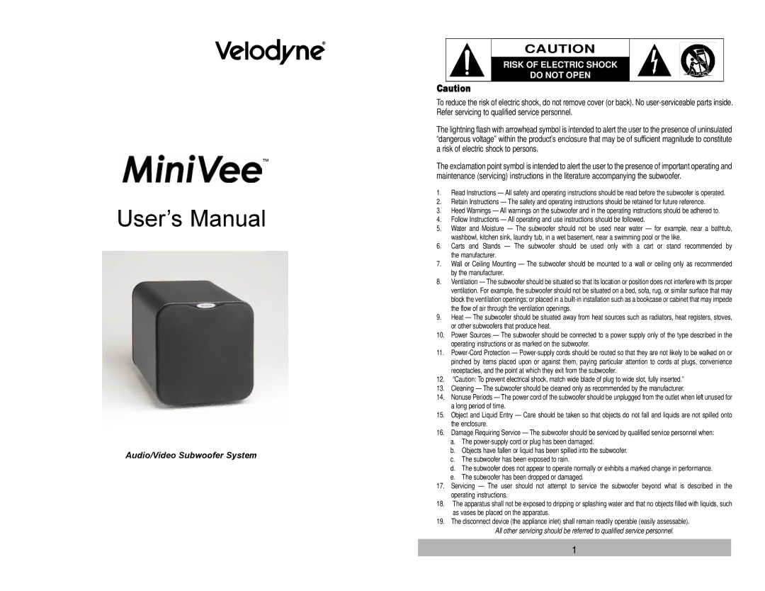 Velodyne Acoustics Audio/Video Subwoofer System user manual User’s Manual 