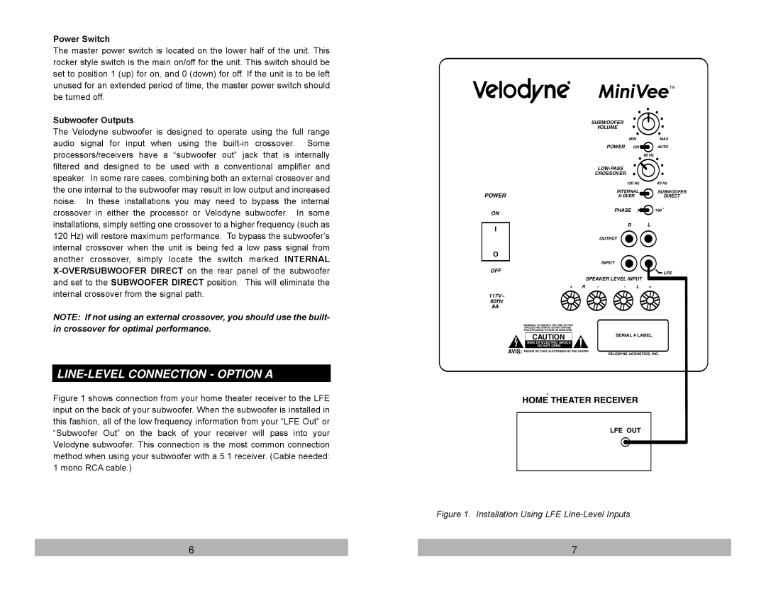 Velodyne Acoustics Audio/Video Subwoofer System user manual LINE-LEVEL Connection Option a, Power Switch, Subwoofer Outputs 