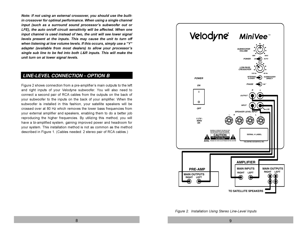 Velodyne Acoustics Audio/Video Subwoofer System user manual LINE-LEVEL Connection Option B, Power 