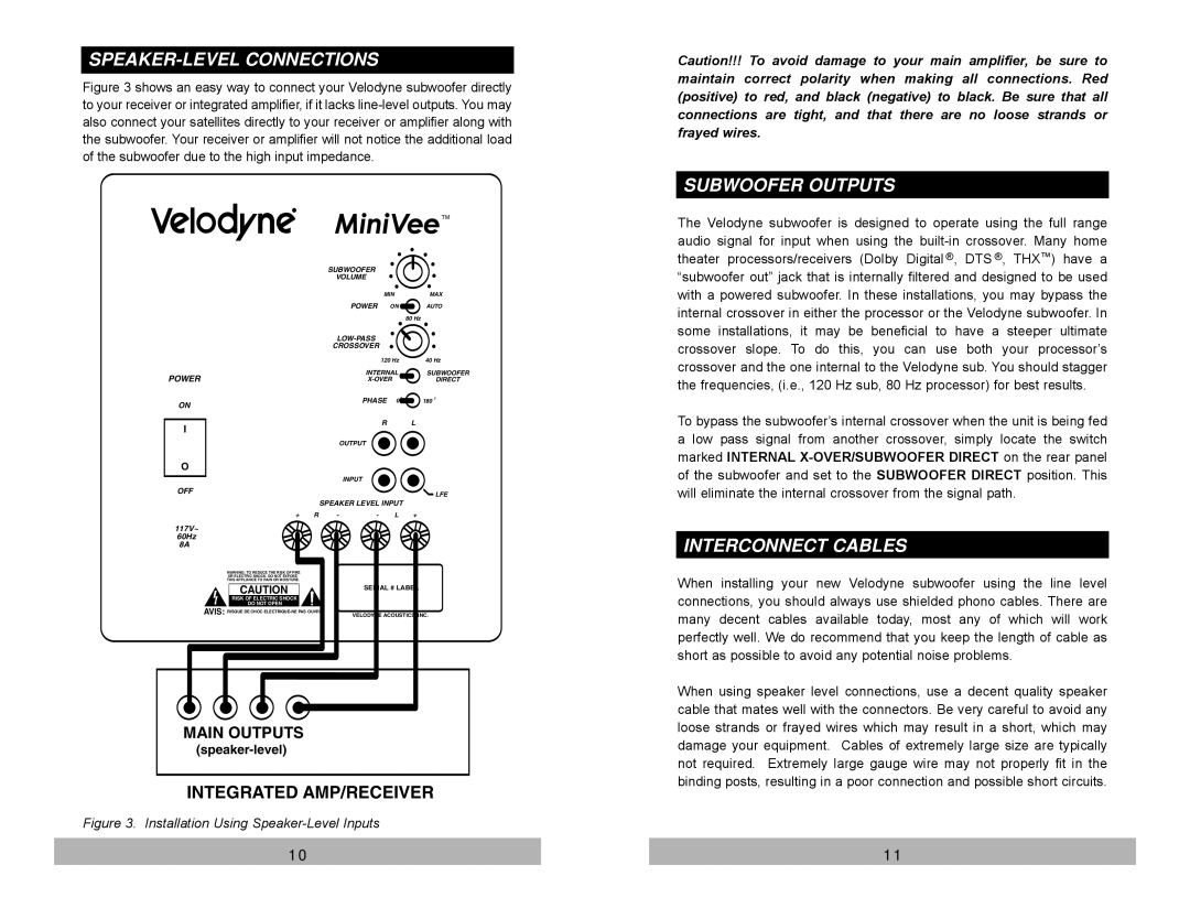 Velodyne Acoustics Audio/Video Subwoofer System SPEAKER-LEVEL Connections, Subwoofer Outputs, Interconnect Cables 