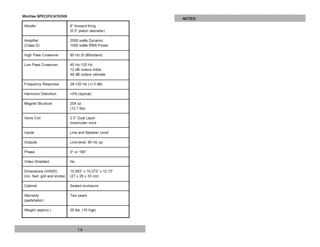 Velodyne Acoustics Audio/Video Subwoofer System user manual MiniVee Specifications 