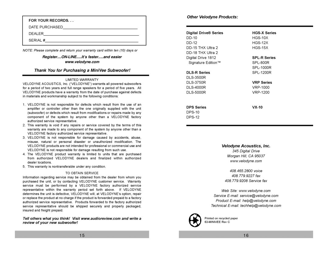 Velodyne Acoustics Audio/Video Subwoofer System user manual Digital Drive Series, DLS-R Series, DPS Series 