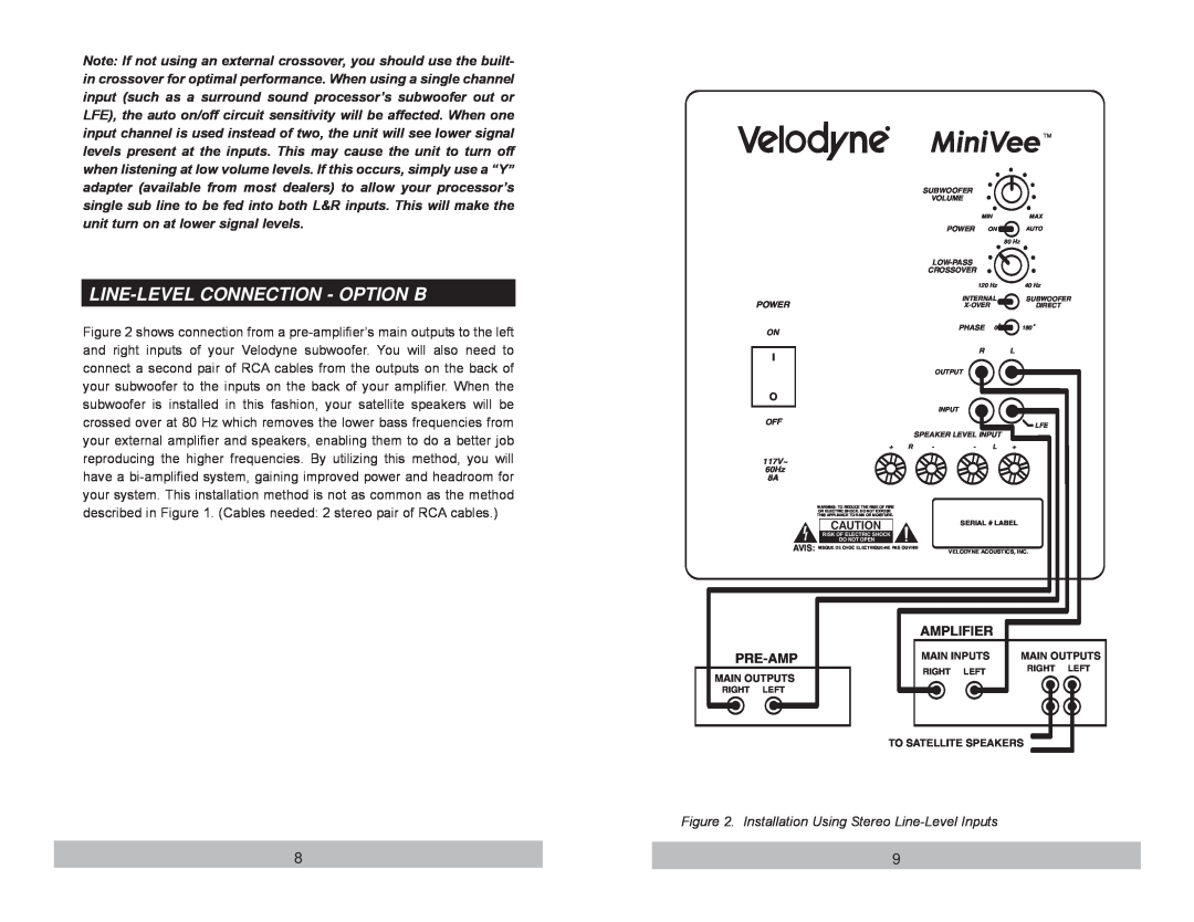 Velodyne Acoustics Audio/Video Subwoofer System user manual Line-Levelconnection - Option B, Pre-Amp, Amplifier 