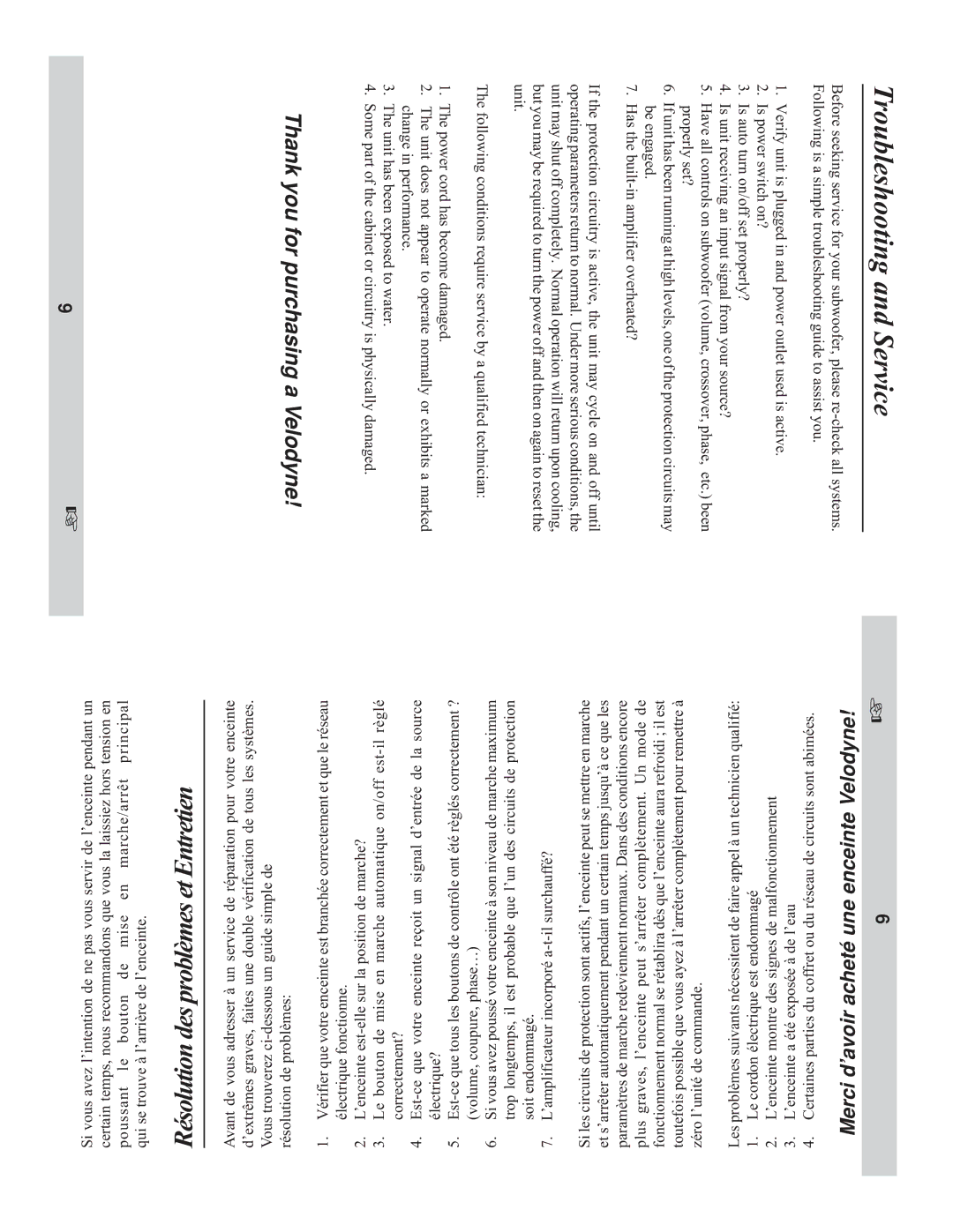 Velodyne Acoustics CHT-12, CHT-10, CHT-8 owner manual Troubleshooting and Service, Entretienet 